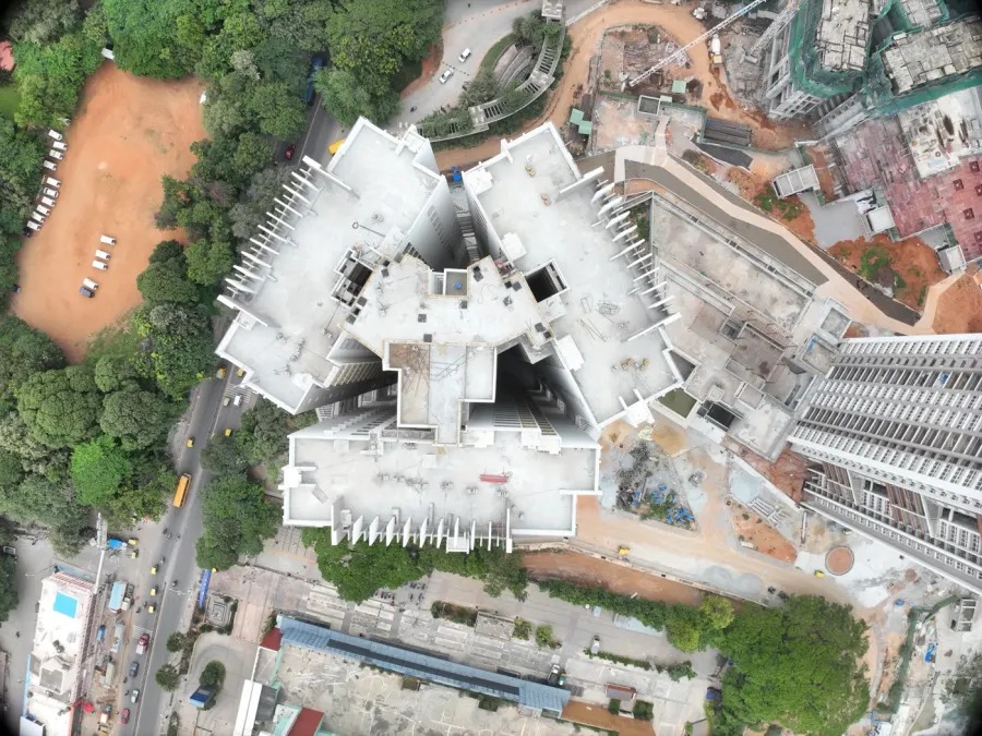 Drone view of a residential tower under construction